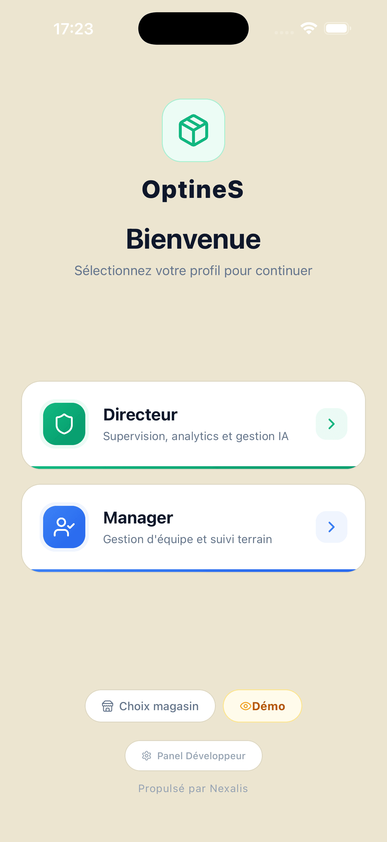 Optines · écran de connexion : sélection du profil (Directeur ou Manager)