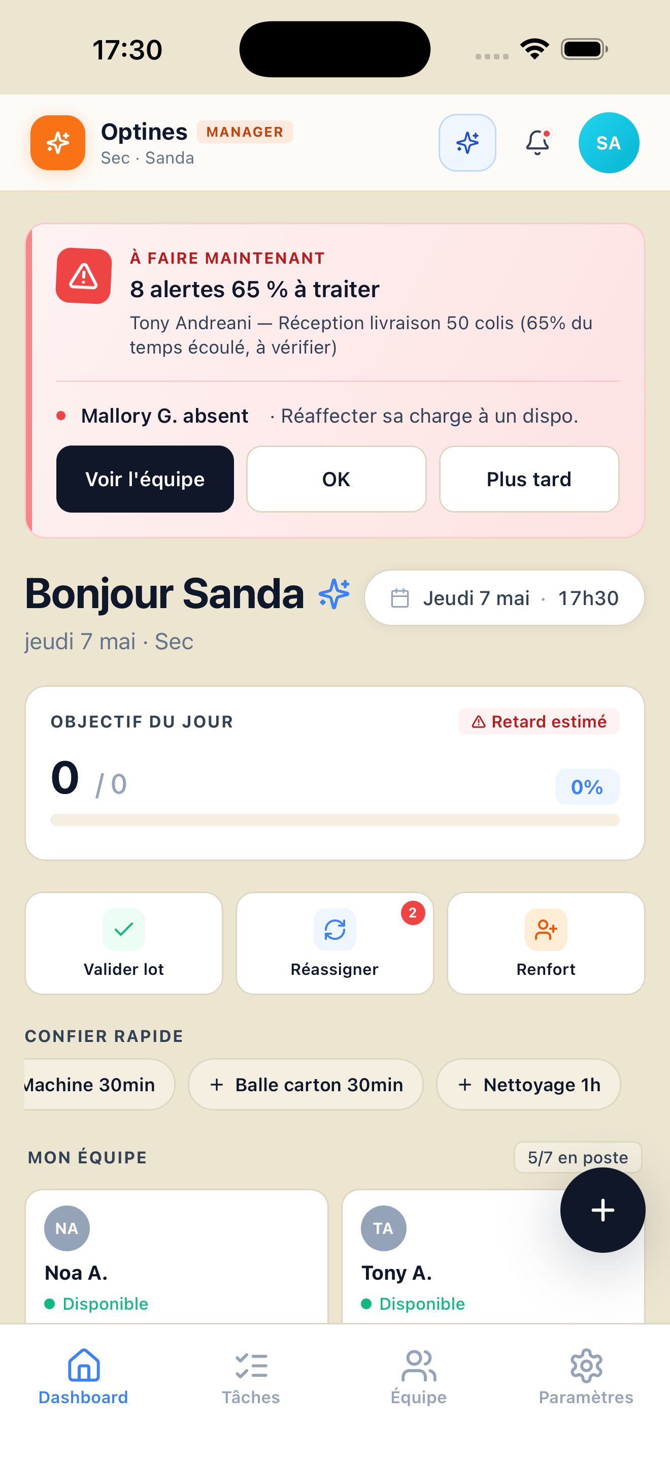 Écran réel du tableau de bord manager d'Optines : alerte en cours, équipe en poste, objectif du jour